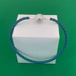 Pandora Moments Seashell Clasp Turquoise Braided Leather Bracelet 7.1INCH